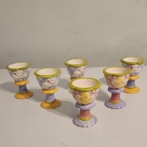 Lot of 6 Colorful Ceramic Egg Cups Set 3.25" Tall